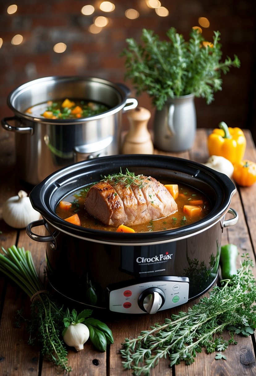 A rustic kitchen with a crock pot simmering a savory Tuscan pork loin surrounded by fresh herbs and vegetables