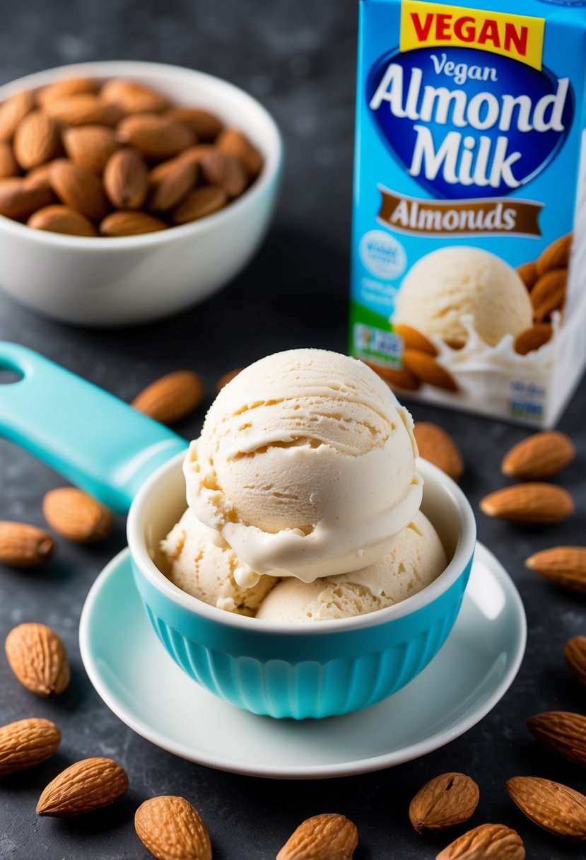 A scoop of vegan almond milk ice cream surrounded by almonds and a carton of almond milk