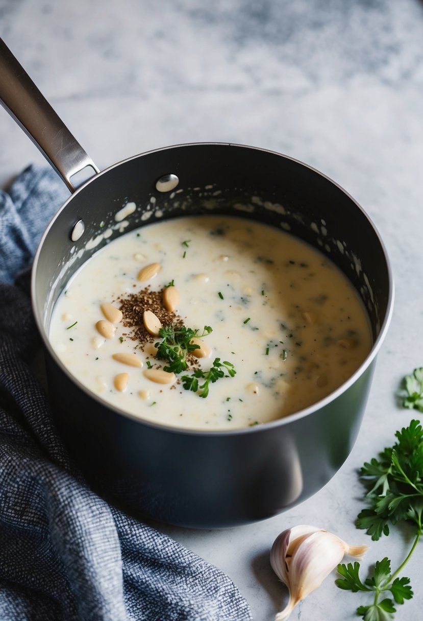 A pot simmering with almond milk, garlic, and herbs for Alfredo sauce