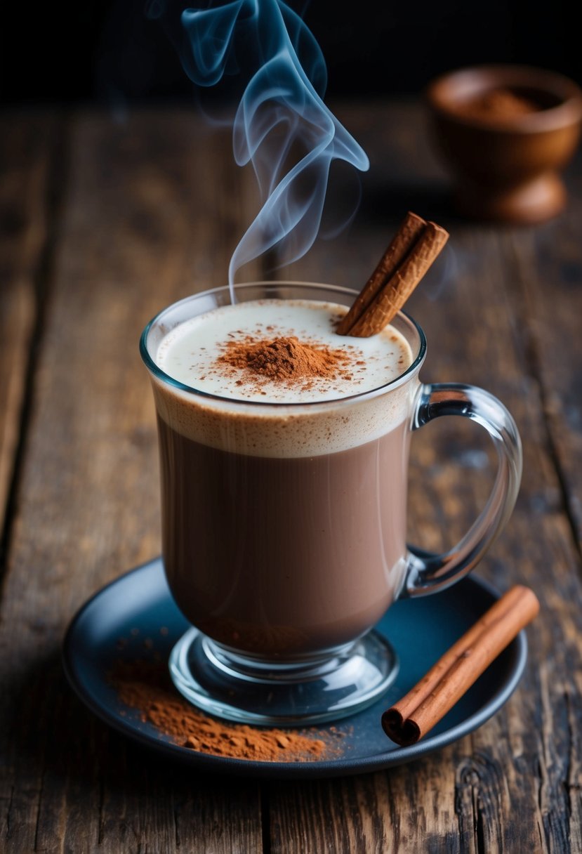 A steaming mug of almond milk hot chocolate sits on a rustic wooden table, garnished with a sprinkle of cocoa powder and a cinnamon stick