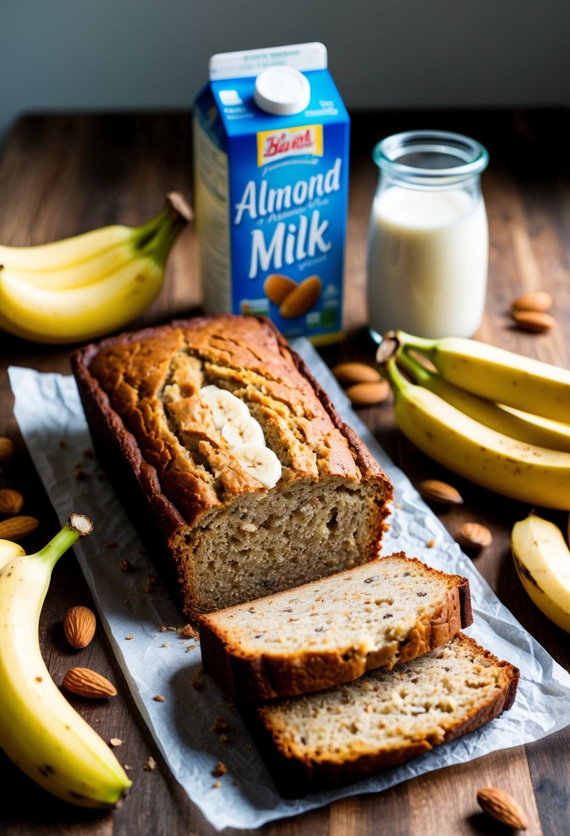 A loaf of almond milk banana bread surrounded by scattered ingredients like bananas, almonds, and a carton of almond milk on a wooden kitchen counter