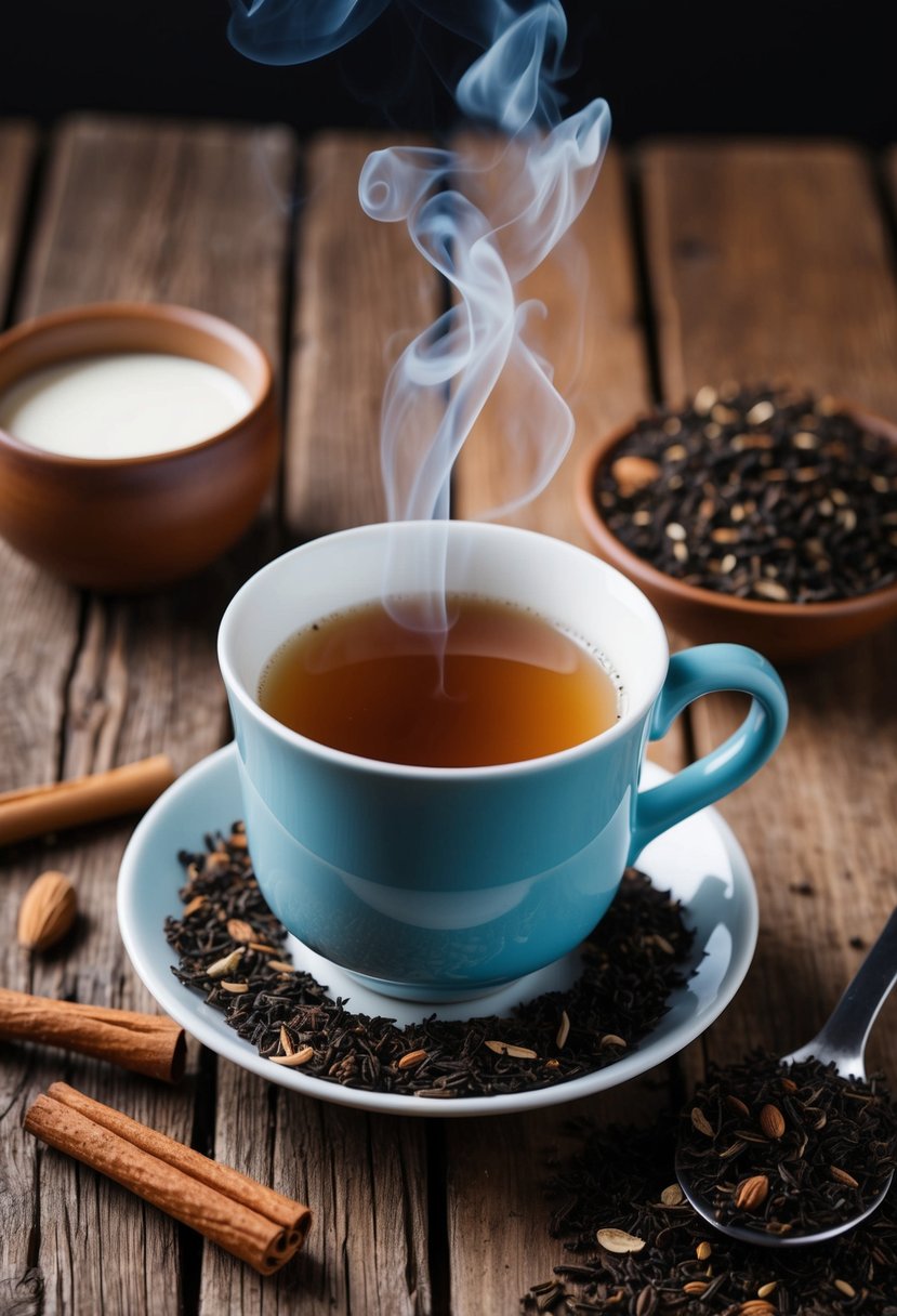 A steaming mug of chai tea sits on a rustic wooden table, surrounded by scattered almond milk, cinnamon sticks, and a pile of loose tea leaves