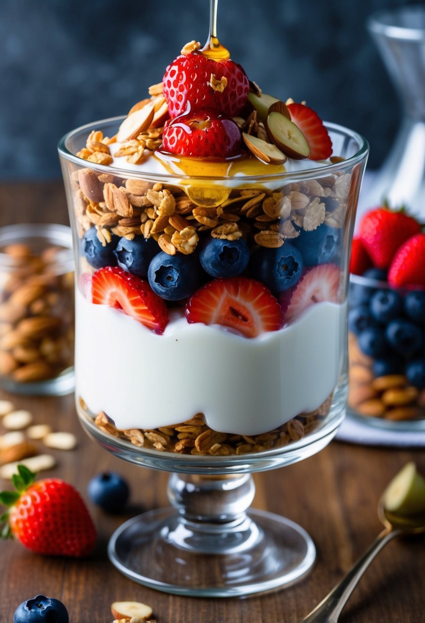 A glass parfait dish filled with layers of almond milk yogurt, granola, and fresh berries, topped with a drizzle of honey and a sprinkle of almonds