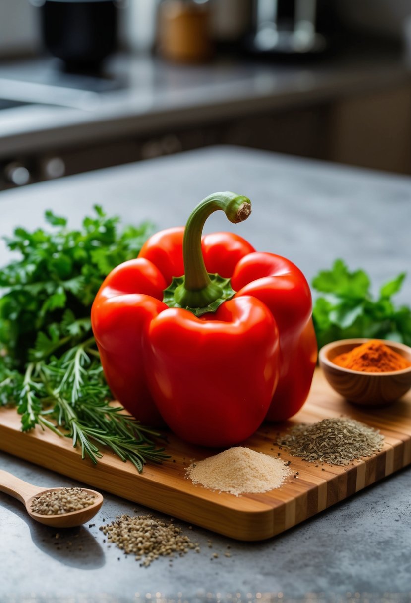 A vibrant red pepper surrounded by fresh herbs and spices on a wooden cutting board