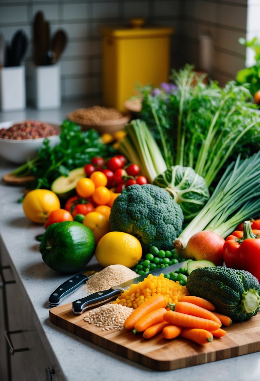 A colorful array of fresh vegetables, fruits, and grains laid out on a kitchen counter, alongside a cutting board and knife