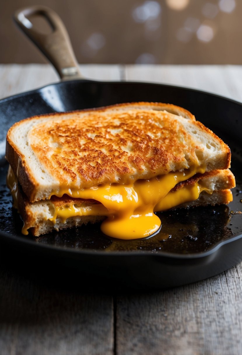 A golden-brown grilled cheese sandwich sizzling on a hot skillet, with melted cheese oozing out from between the crispy slices of bread