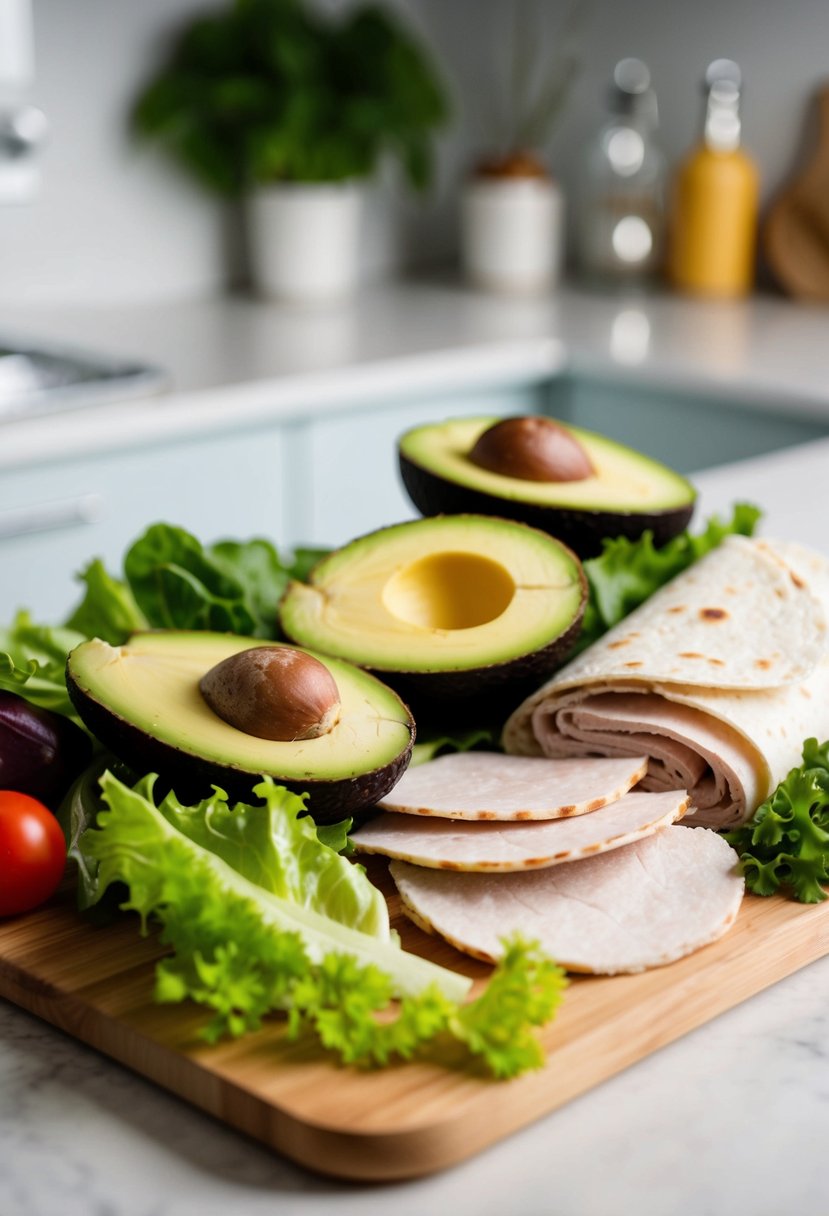 A colorful array of fresh ingredients - sliced turkey, ripe avocado, vibrant lettuce, and a soft tortilla wrap - laid out on a clean kitchen counter