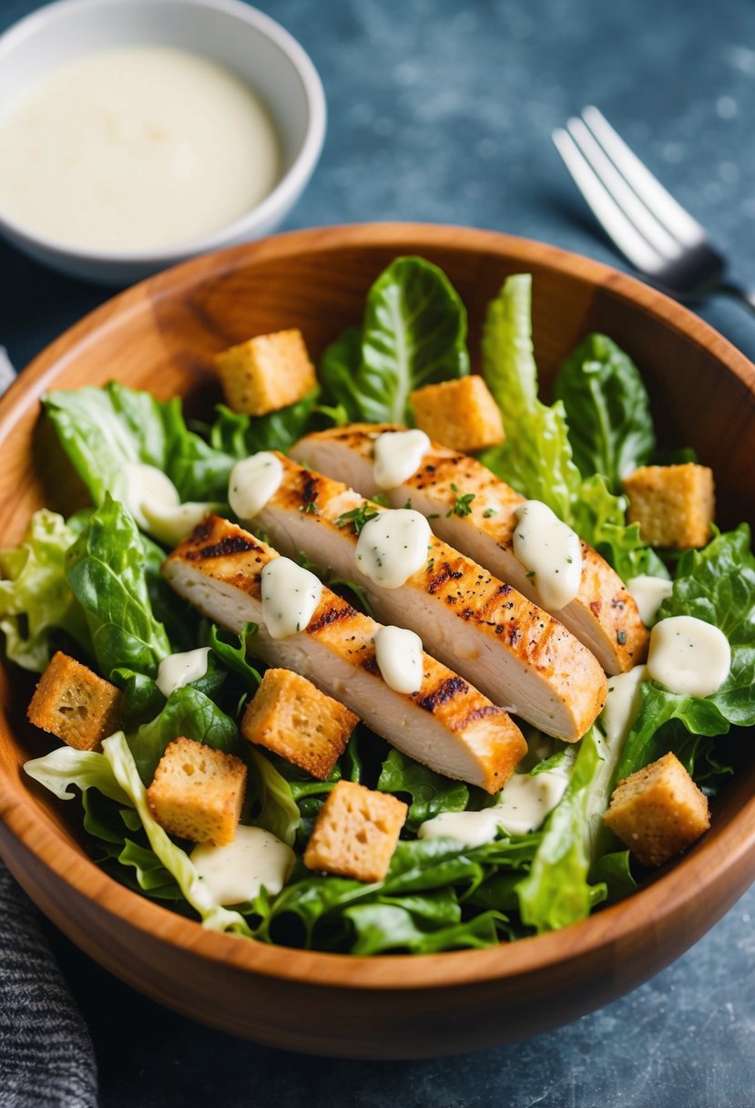 A wooden bowl filled with fresh romaine lettuce, grilled chicken strips, parmesan cheese, and croutons, all tossed in creamy Caesar dressing