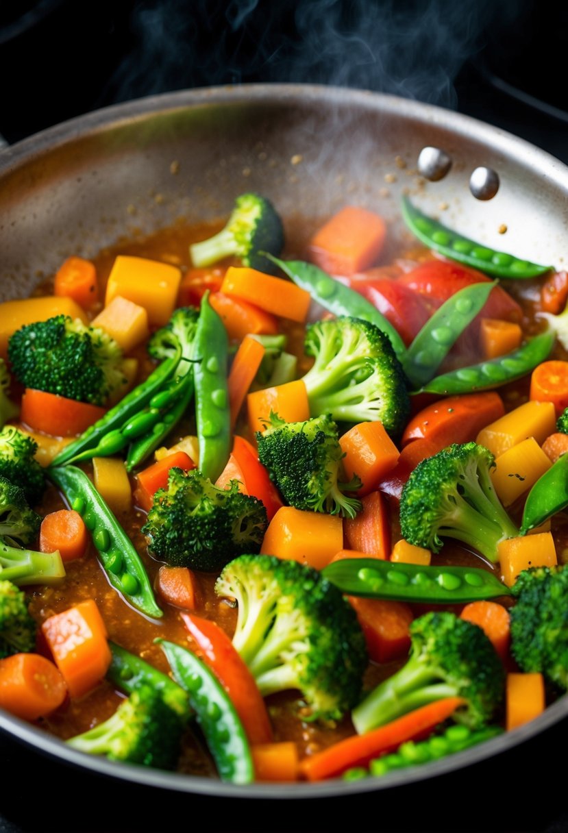 A sizzling pan filled with colorful vegetables being stir-fried over a hot flame. Chopped broccoli, bell peppers, carrots, and snap peas cooking in a savory sauce