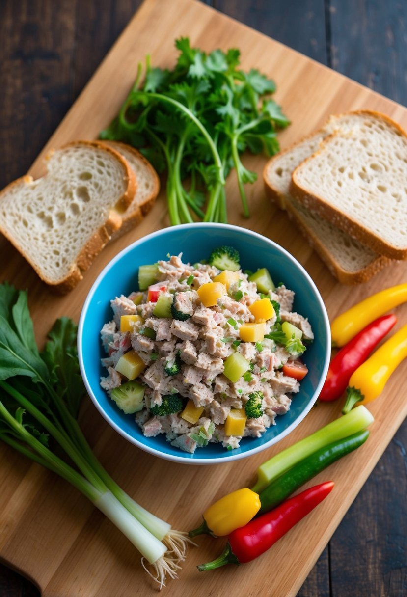 A colorful bowl of tuna salad surrounded by fresh vegetables and a slice of whole-grain bread on a wooden cutting board