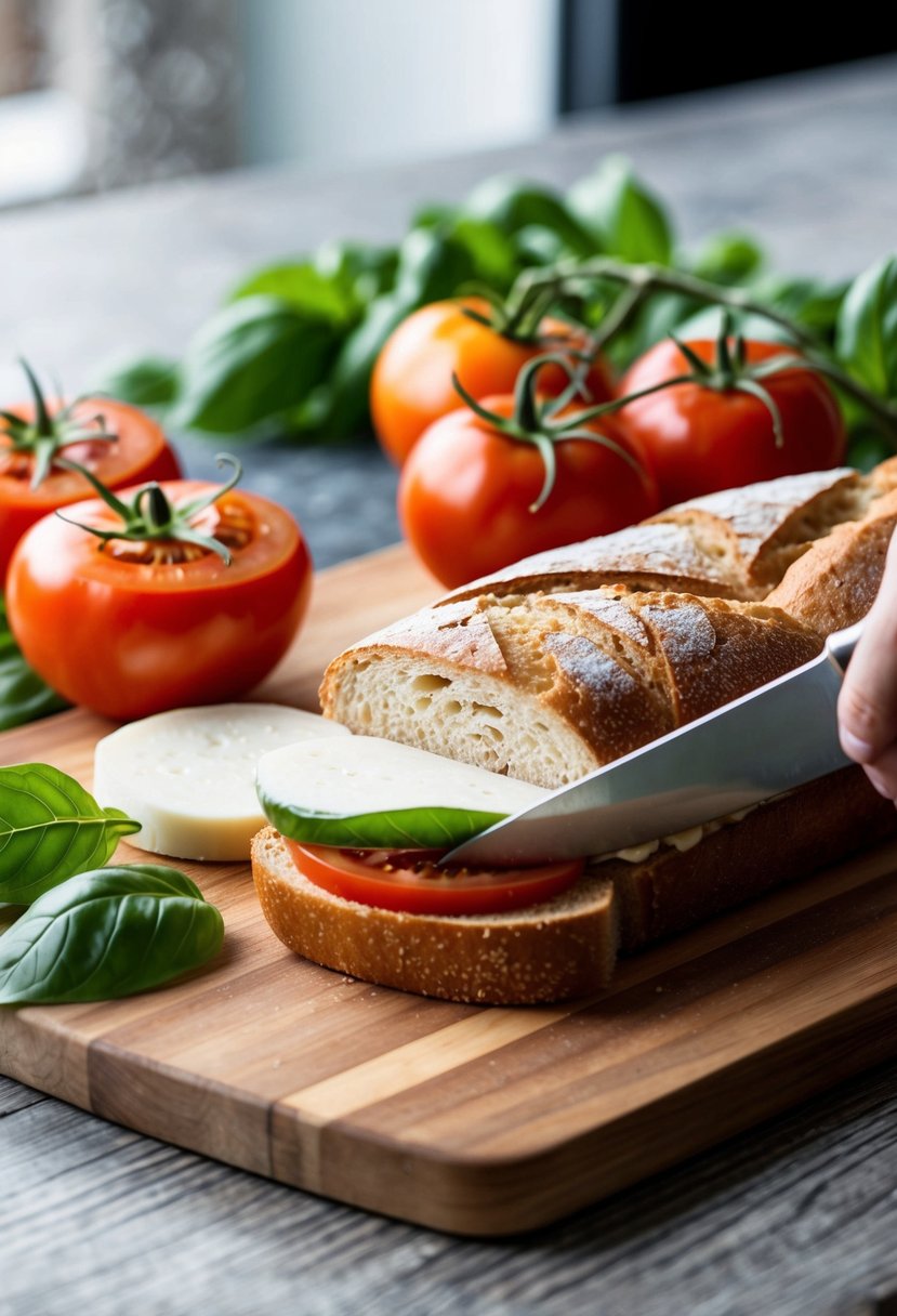 A wooden cutting board with fresh tomatoes, mozzarella cheese, basil leaves, and a loaf of bread. A knife is slicing the sandwich in half