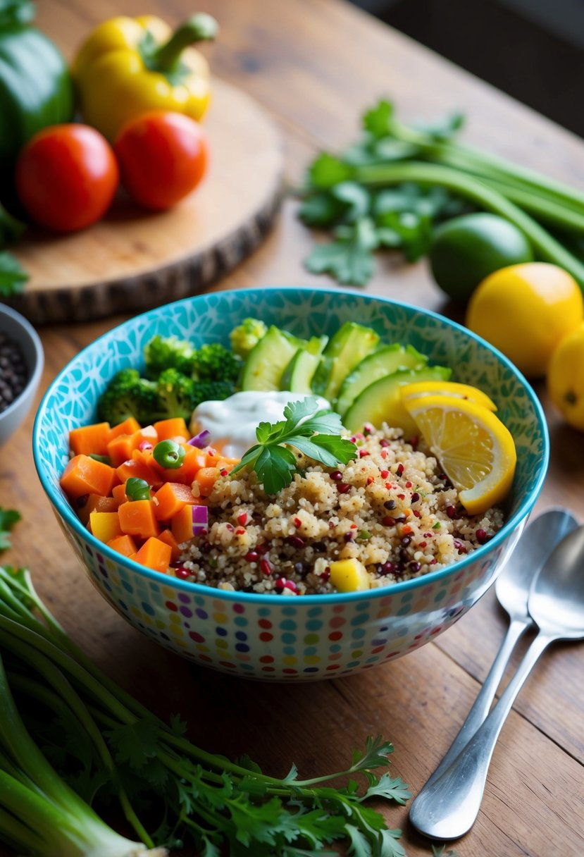 A colorful bowl filled with quinoa, mixed vegetables, and a light vinaigrette sits on a wooden table, surrounded by fresh ingredients