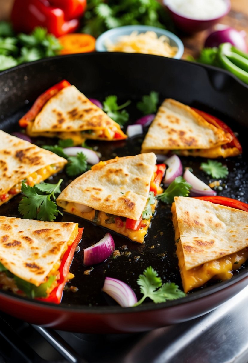 A sizzling skillet with red pepper quesadillas cooking on a stovetop, surrounded by colorful ingredients like cheese, onions, and fresh cilantro