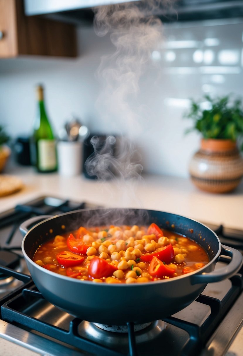 A bubbling pot of red pepper and chickpea stew simmering on a stovetop, with steam rising and the aroma filling the kitchen