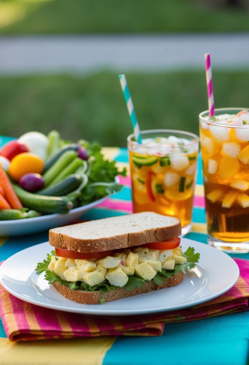 A picnic table with a plate holding a freshly made egg salad sandwich, surrounded by a colorful assortment of fresh vegetables and a glass of iced tea