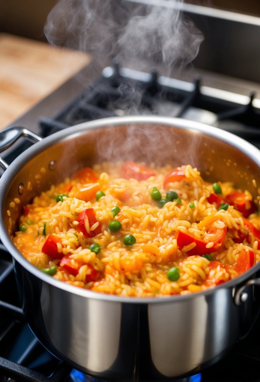 A steaming pot of red pepper risotto cooking on a stovetop, with vibrant red peppers and creamy rice visible in the bubbling mixture