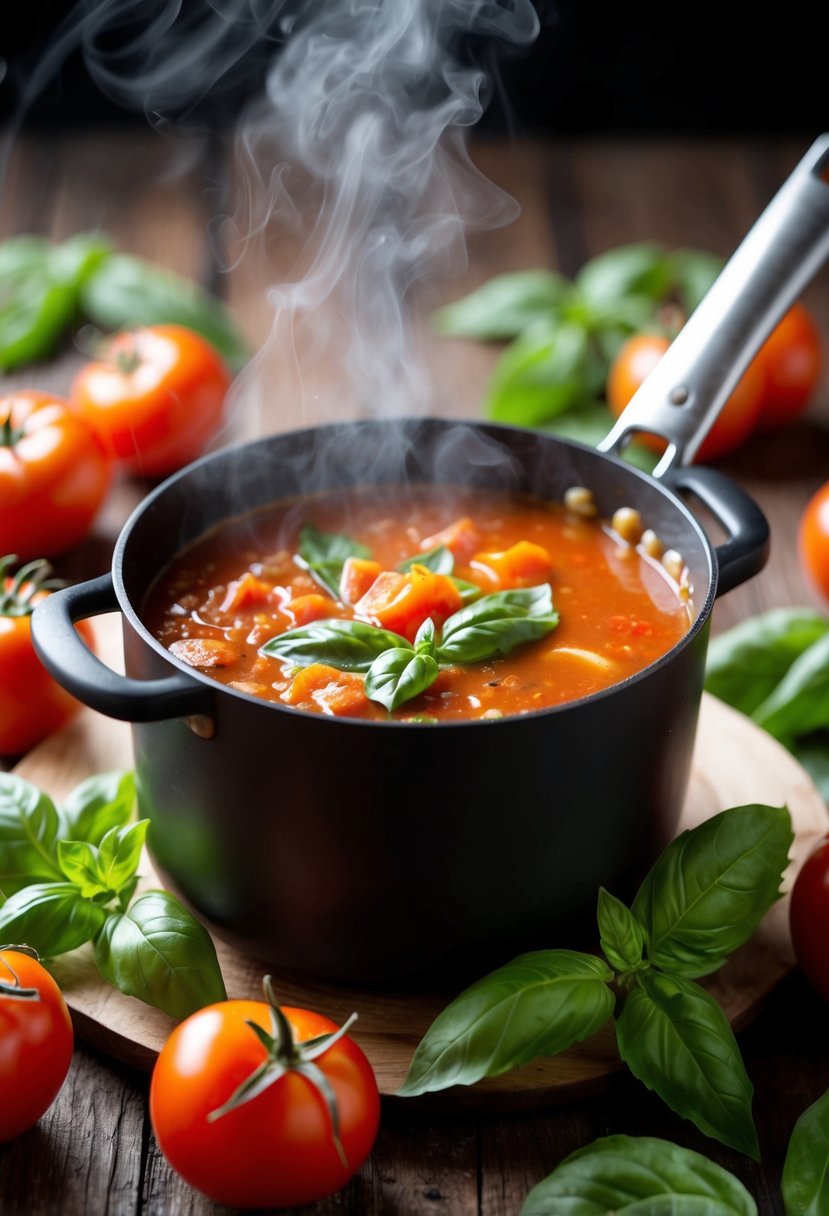 A steaming pot of tomato basil soup surrounded by fresh basil leaves and ripe tomatoes