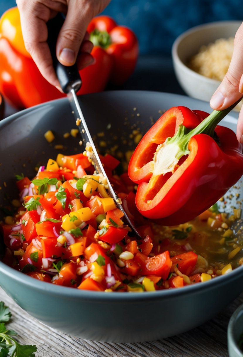 A vibrant red pepper being sliced and mixed with ingredients in a bowl to create a flavorful relish