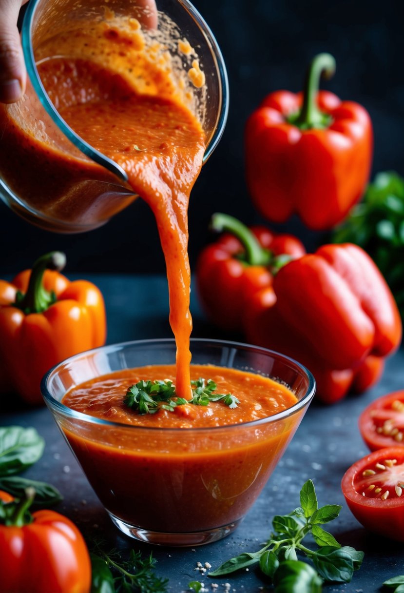 A vibrant red pepper gazpacho being poured into a bowl, surrounded by fresh red peppers, tomatoes, and herbs