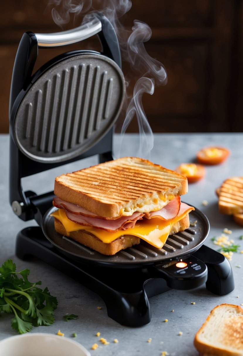 A sizzling panini press with golden-brown Ham and Cheese Panini, steam rising. Ingredients scattered around