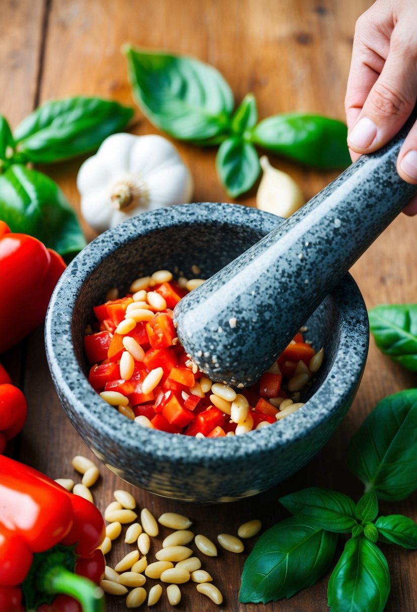 A vibrant red pepper being crushed with a mortar and pestle, surrounded by fresh basil leaves, garlic cloves, and a scattering of pine nuts