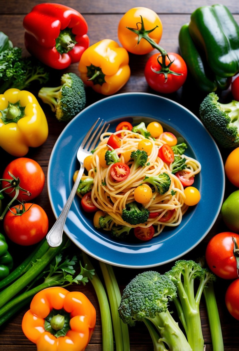 A colorful array of fresh vegetables, such as bell peppers, tomatoes, and broccoli, surround a steaming plate of pasta primavera on a wooden table