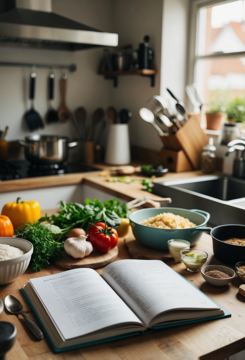 A cluttered kitchen counter with various ingredients, utensils, and a cookbook open to a page with a simple recipe