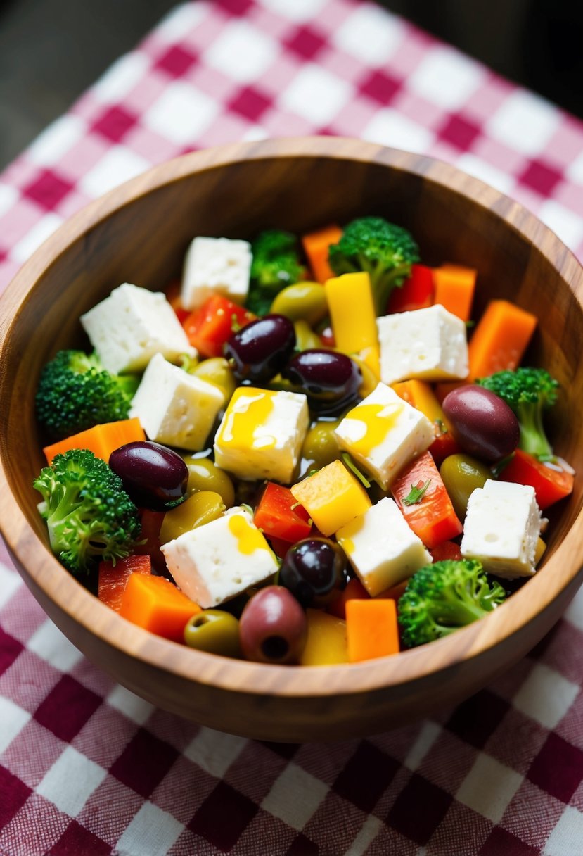 A wooden bowl filled with colorful vegetables, feta cheese, olives, and a drizzle of olive oil, sitting on a checkered tablecloth