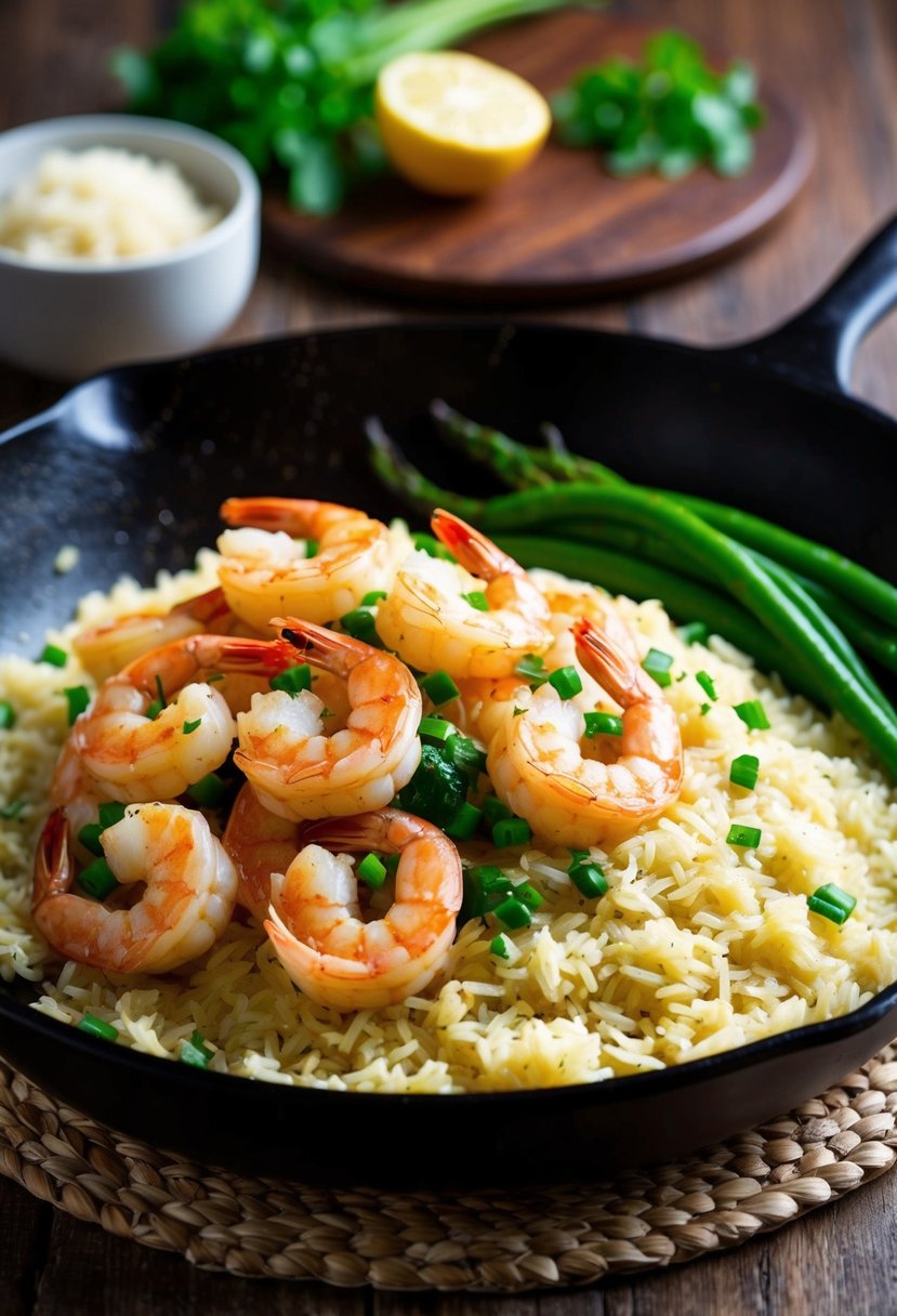 A sizzling skillet of garlic shrimp with steaming rice and a side of fresh vegetables