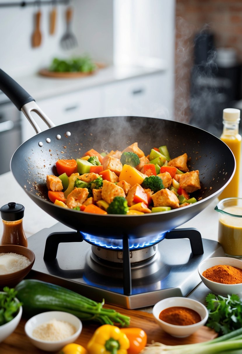 A sizzling wok filled with colorful vegetables and chunks of chicken, surrounded by a variety of spices and sauces on a kitchen counter