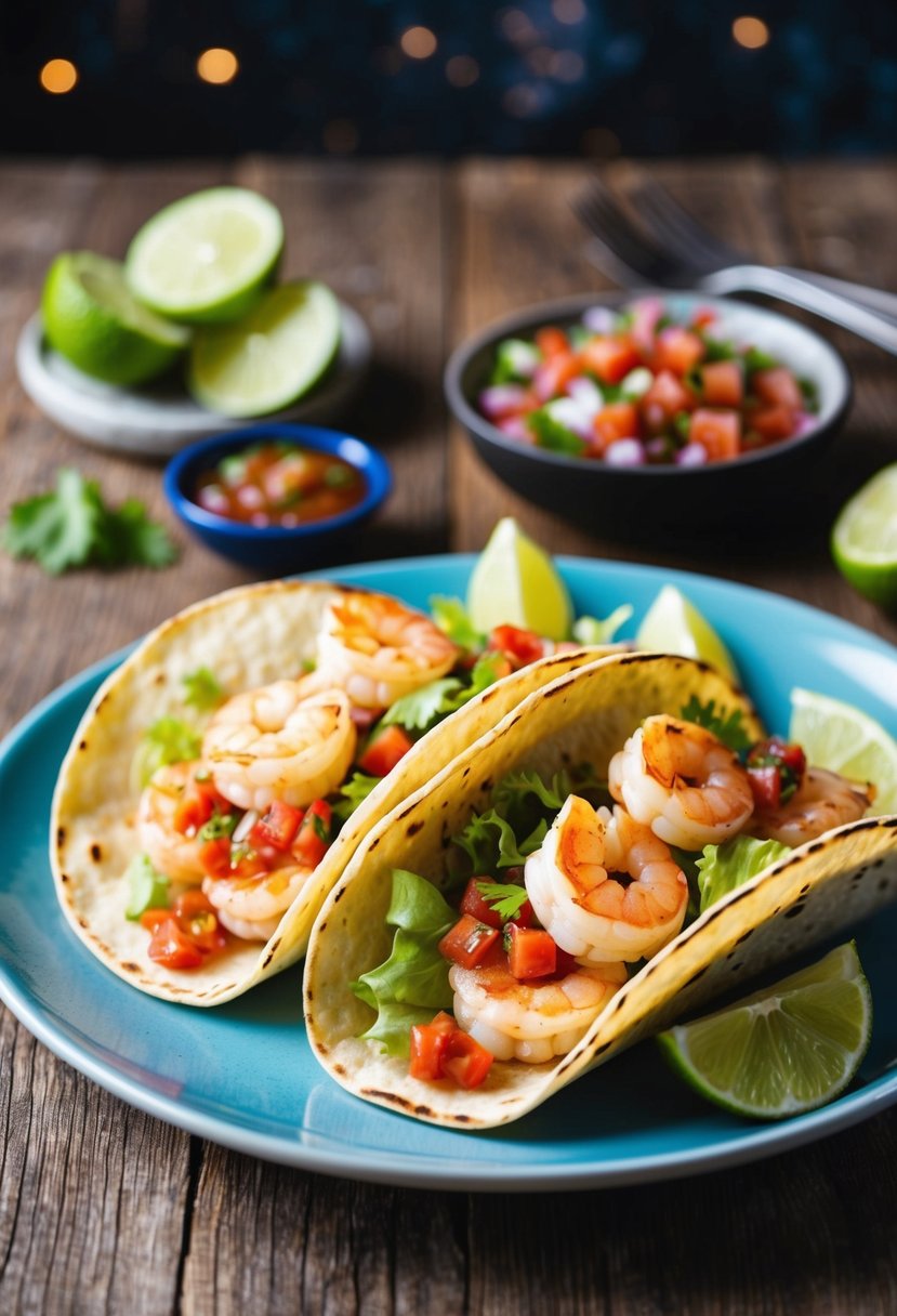 A plate of shrimp tacos with salsa, lettuce, and lime slices on a rustic wooden table