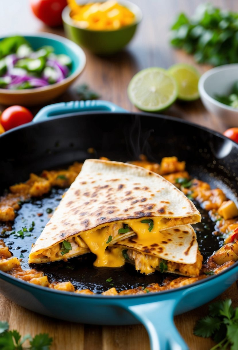 A sizzling chicken quesadilla cooks on a hot skillet, with cheese melting and bubbling, surrounded by colorful ingredients