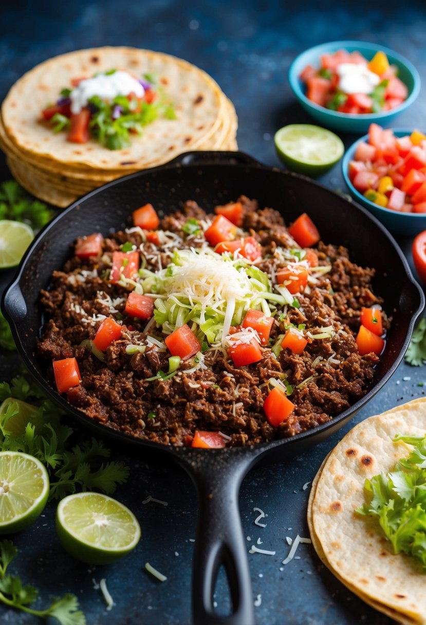 A sizzling skillet with seasoned ground beef, diced tomatoes, shredded lettuce, and grated cheese, surrounded by warm tortillas and colorful toppings