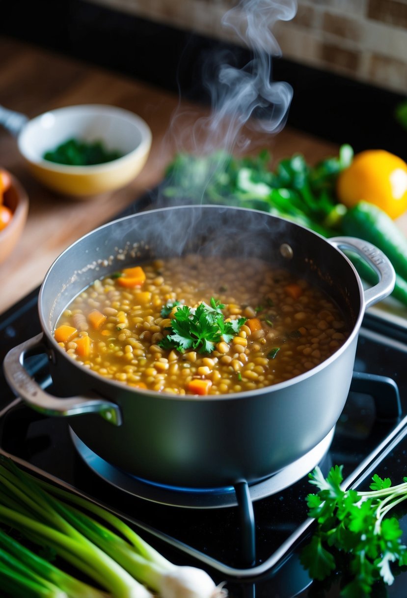 A pot of lentil soup simmers on a stovetop, steam rising. Fresh vegetables and herbs sit nearby, ready to be added