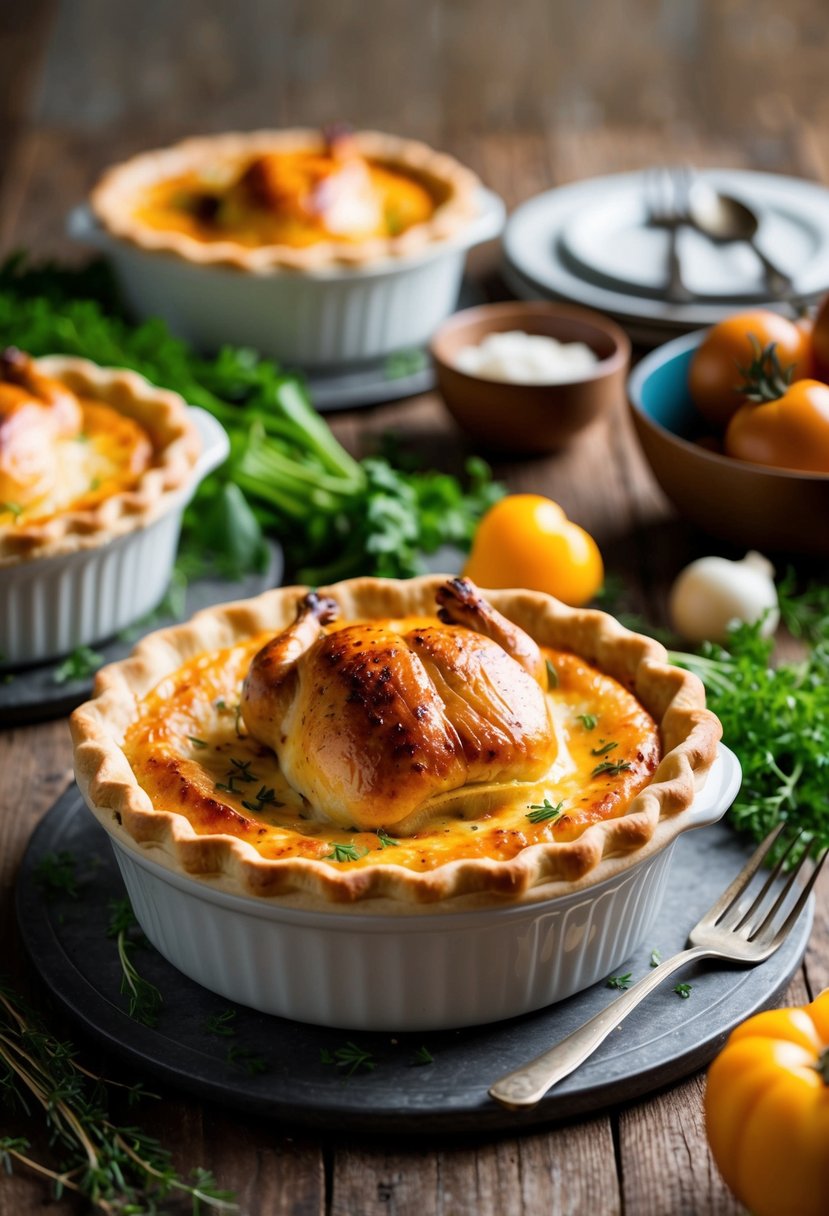 A golden-brown rotisserie chicken pot pie surrounded by fresh herbs and vegetables on a rustic wooden table