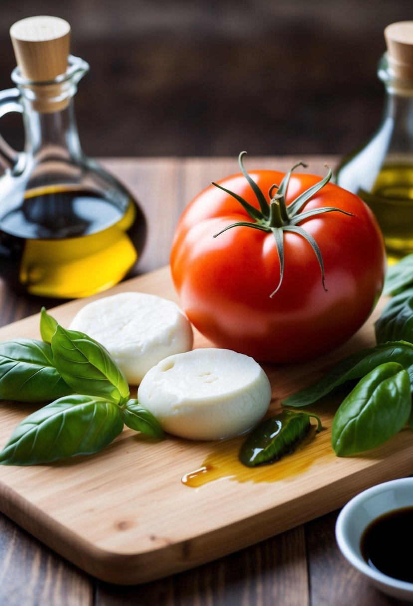 A wooden cutting board with a ripe tomato, fresh mozzarella, and basil leaves, surrounded by olive oil and balsamic vinegar