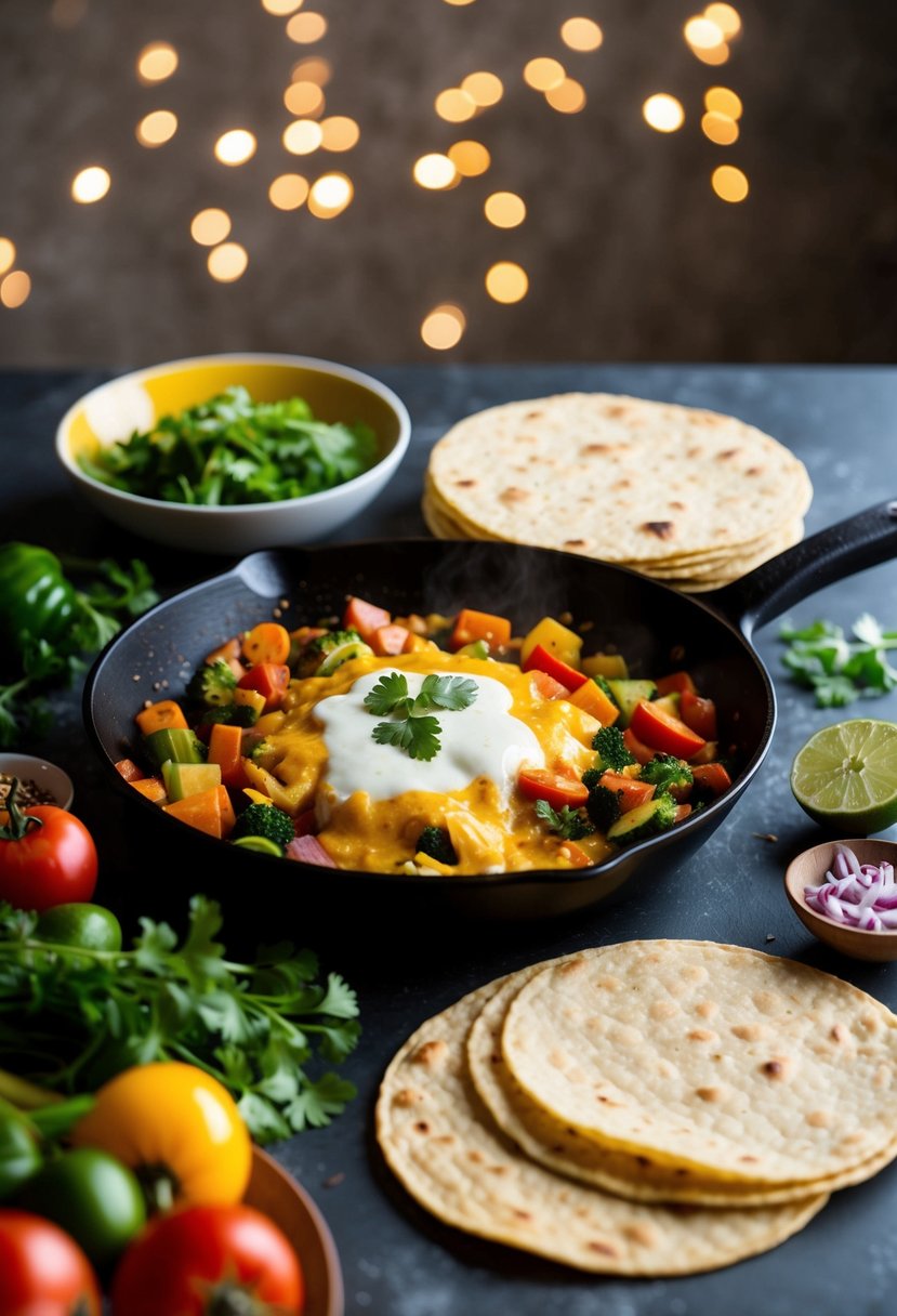 A sizzling skillet with colorful vegetables and melted cheese, surrounded by tortillas and a variety of fresh ingredients