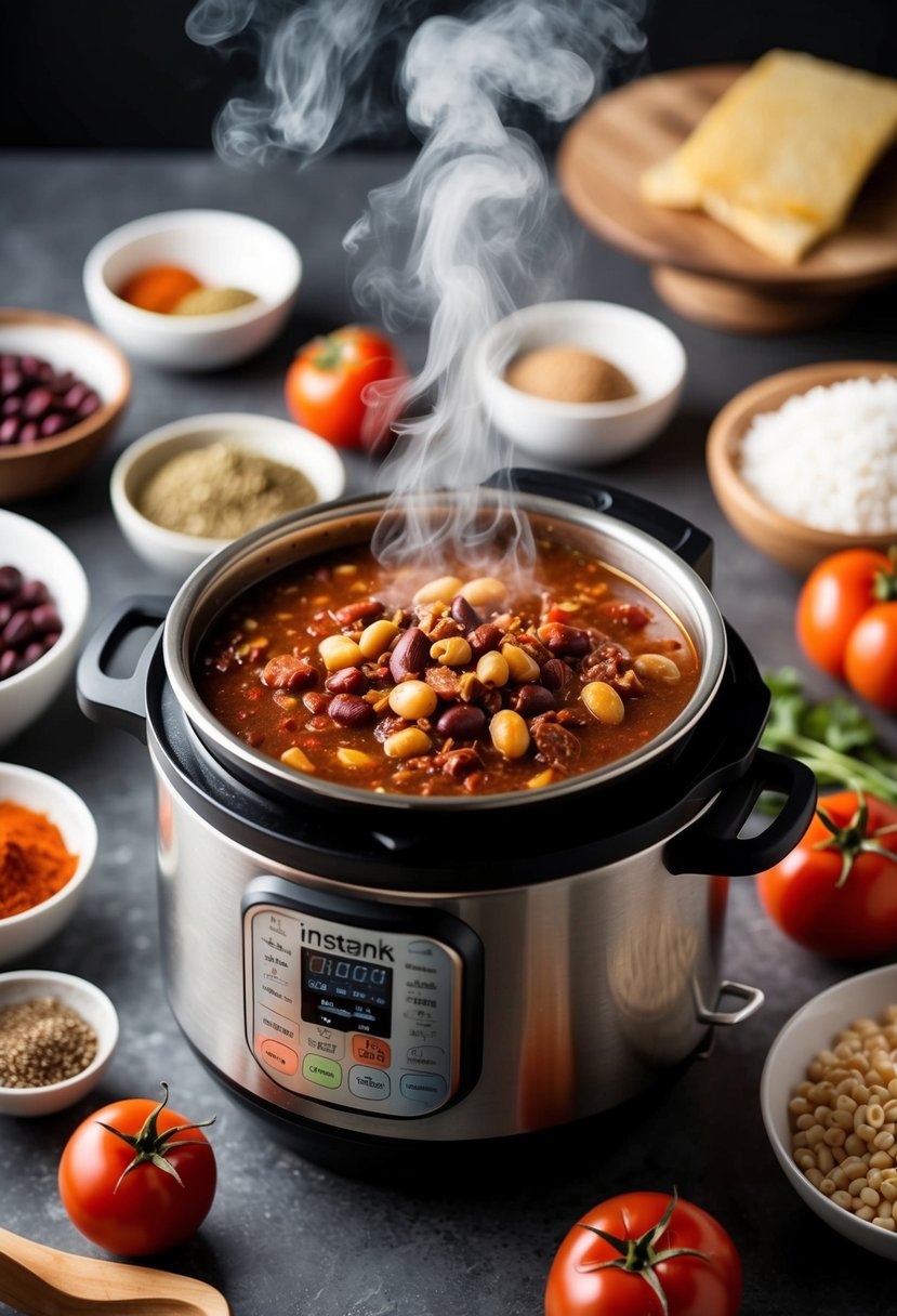 A steaming Instant Pot filled with chili surrounded by various ingredients like beans, tomatoes, and spices