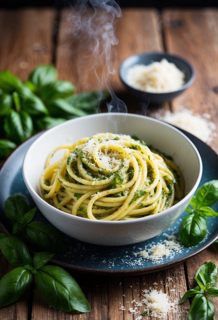 A steaming bowl of pesto pasta sits on a rustic wooden table, surrounded by vibrant green basil leaves and freshly grated parmesan cheese