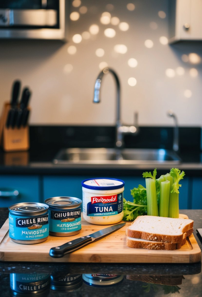 A kitchen counter with ingredients like canned tuna, mayonnaise, celery, and bread. A knife and cutting board are present for preparation