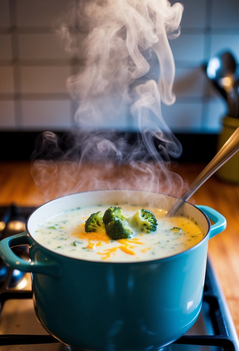 A pot of creamy broccoli cheese soup simmers on the stove, steam rising and filling the kitchen with its comforting aroma