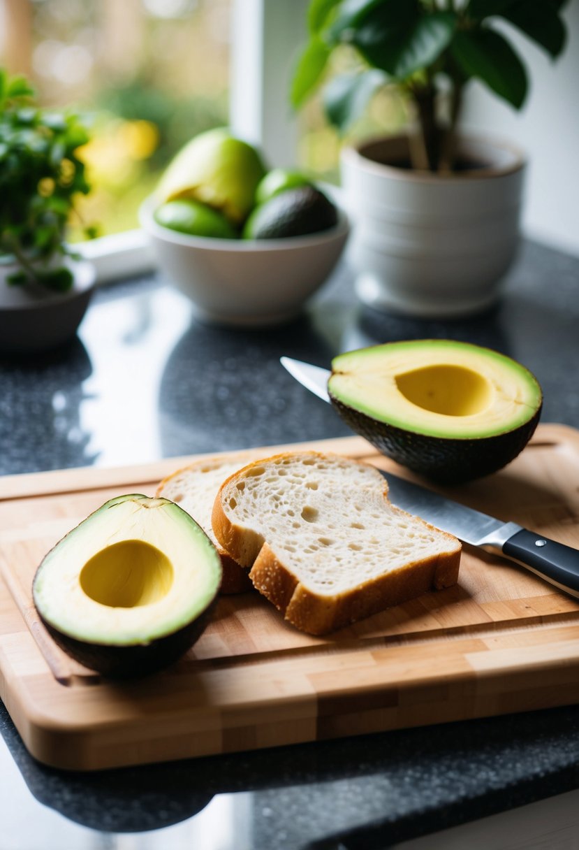 Fresh avocado, sliced bread, a knife, and a cutting board on a kitchen counter