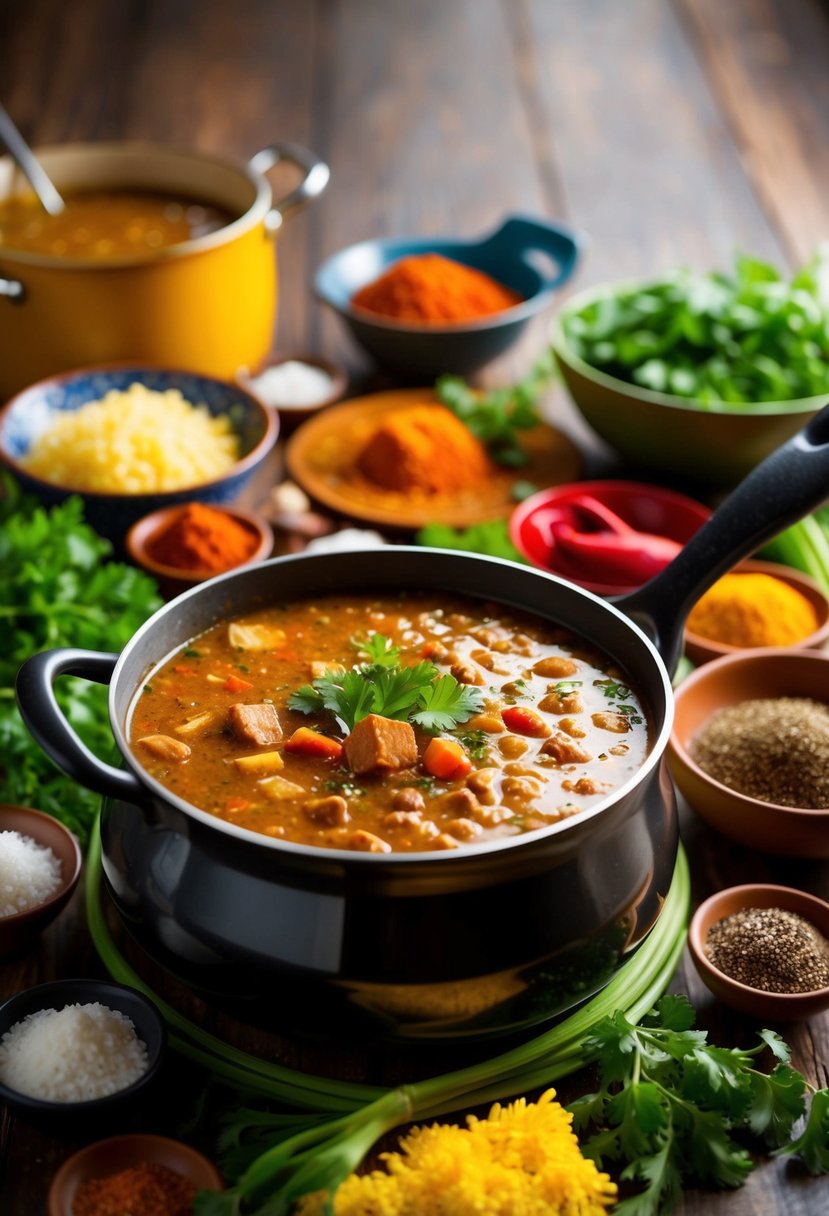 A bubbling pot of gumbo surrounded by colorful ingredients and spices