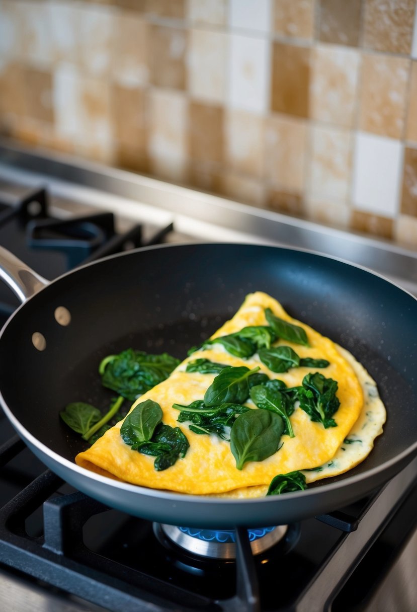 A sizzling frying pan with a fluffy omelet filled with vibrant green spinach cooking on a stovetop