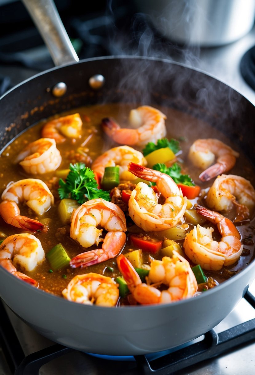 A steaming pot of Cajun Shrimp Étouffée simmers on a stovetop, filled with plump shrimp, aromatic vegetables, and a rich, spicy roux