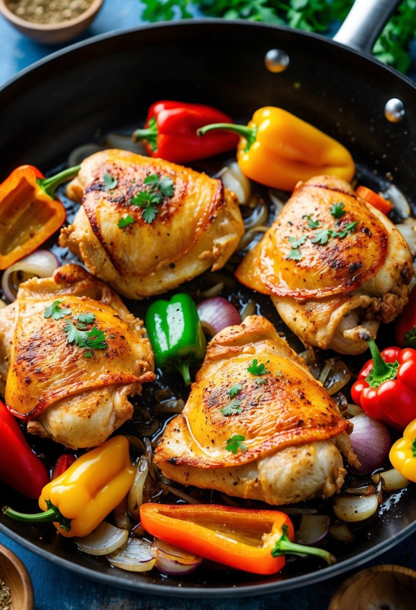 Sizzling chicken, colorful bell peppers, and onions cooking in a hot skillet, surrounded by vibrant spices and herbs