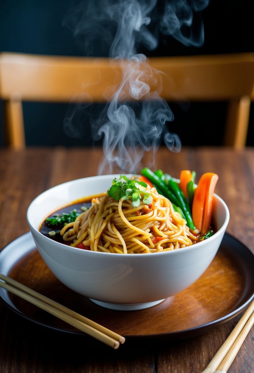 A steaming bowl of noodles, surrounded by vibrant vegetables and savory sauce, sits atop a wooden table. Chopsticks rest nearby