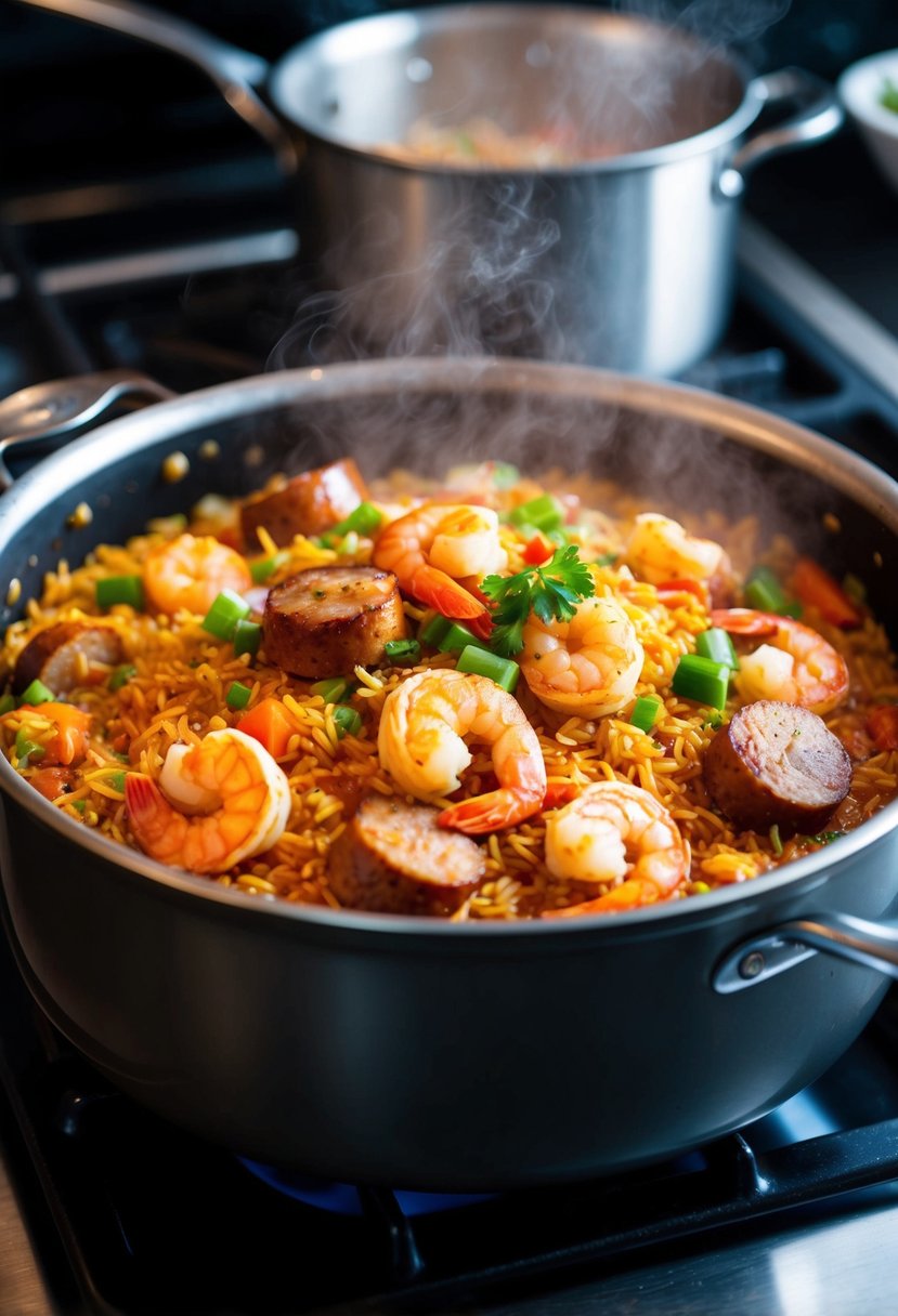 A steaming pot of Creole jambalaya simmering on a stovetop, filled with a colorful mix of rice, sausage, shrimp, and vegetables