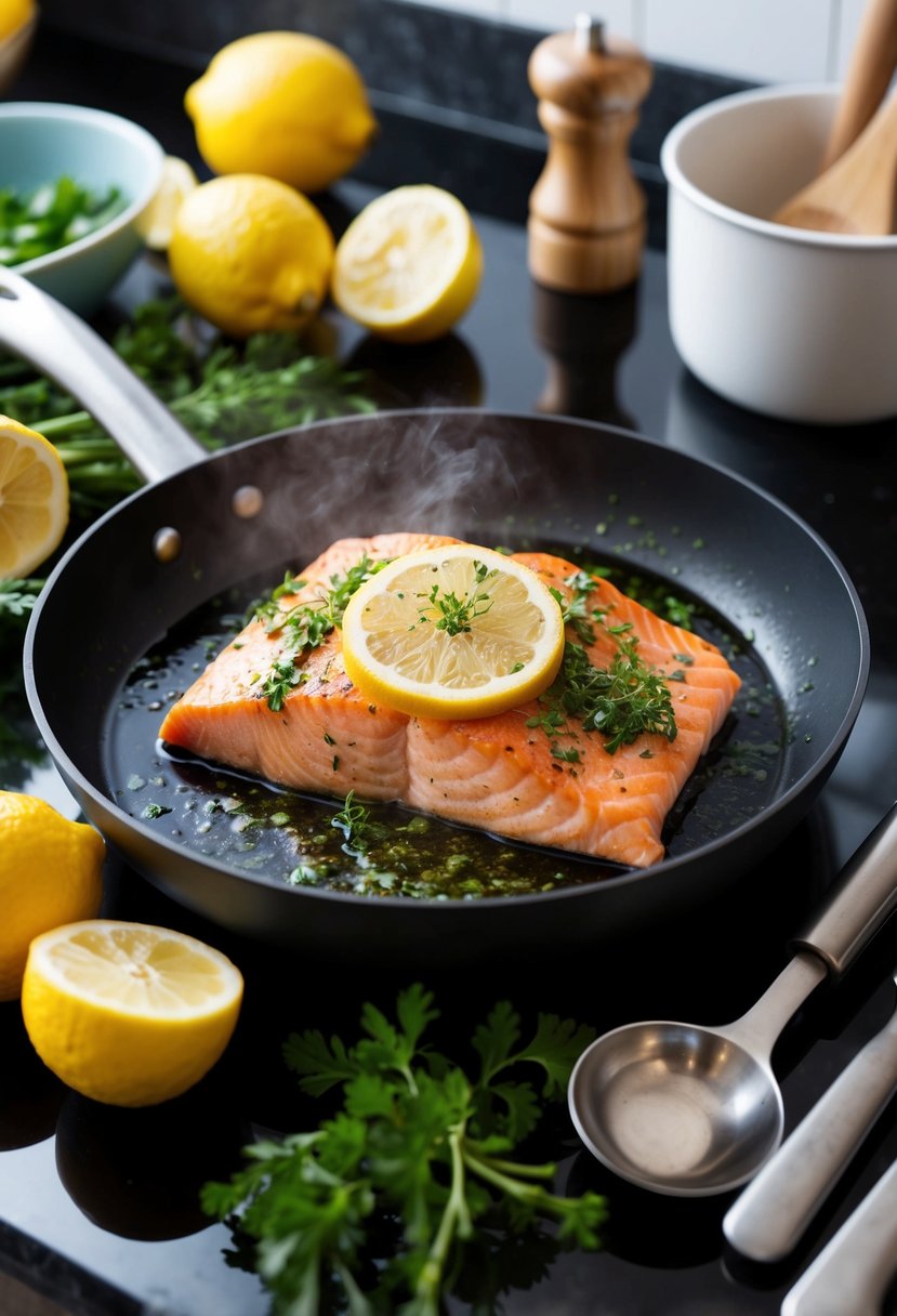 A sizzling fillet of salmon with a zesty lemon and herb marinade, surrounded by fresh ingredients and cooking utensils on a kitchen counter