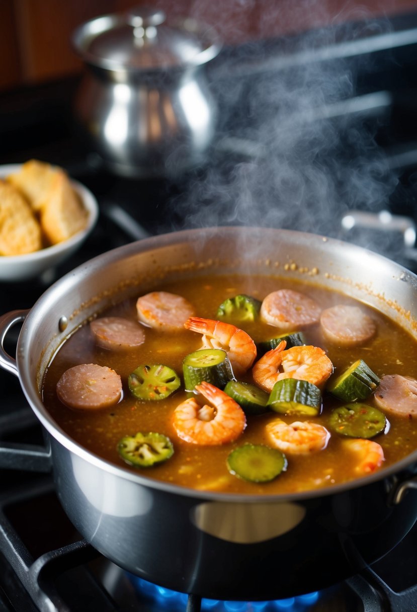 A steaming pot of classic Louisiana gumbo simmers on a stovetop, filled with a rich blend of seafood, sausage, and okra. The aroma of spices fills the air